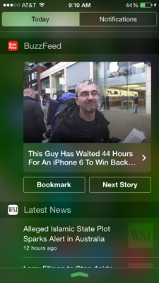 Das BuzzFeed-Widget für iOS 8 enthält ein großes Bild, um Leser in die App zu locken, während The Wall Street Journal