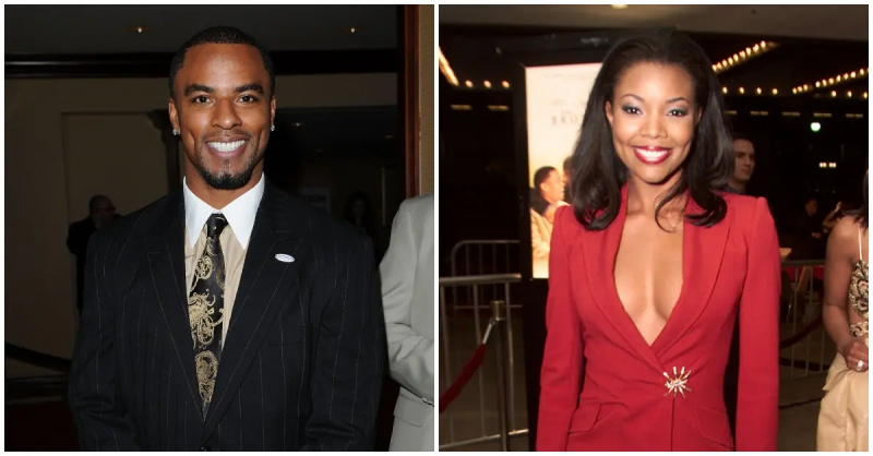 (l-r): Darrenas Sharperis su juodu ir gelsvai rudos spalvos kostiumu šypsosi, o Gabrielle Union su raudona apranga'The Brothers' premiere.