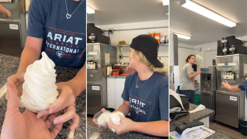 Un empleado arroja helado suave a otro empleado como parte del desafío de helados de TikTok