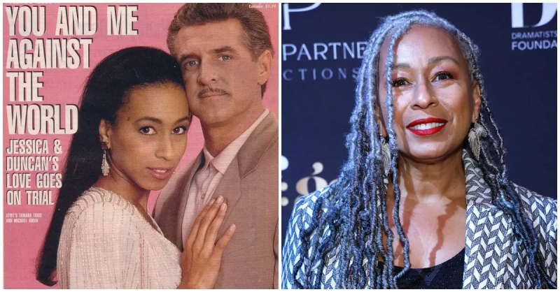 (l-r): Tamara Tunie ir Michael Swan kaip Jessica Griffin ir Duncan McKechnie, pozuojantys ant žurnalo viršelio / Tamara Tunie renginyje