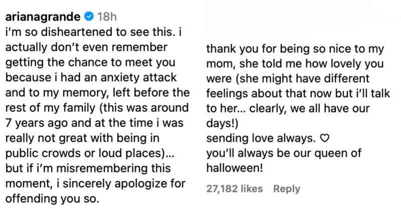 Ariana Grande đáp trả Elvira's post about her encounter she had with her years ago.