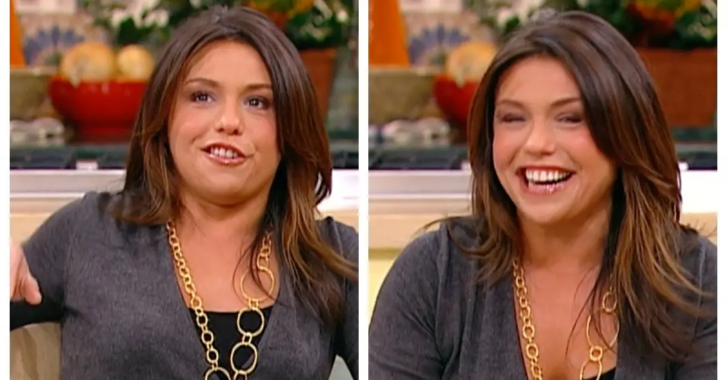 Rachael Ray avbildades 2006 under premiäravsnittet av hennes talkshow'Rachael Ray' - wearing gray sweater and hoop necklace