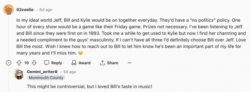 Commentaire Reddit sur Jeff, Bill et Kylie dans la série