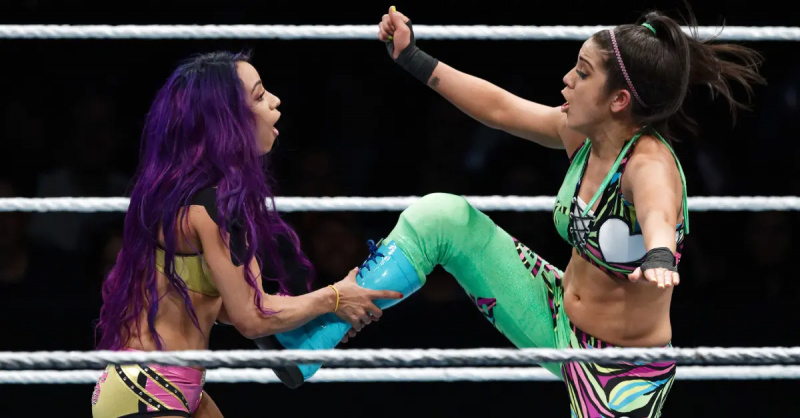 Sasha Banks versus Bayley in WWE in 2018.