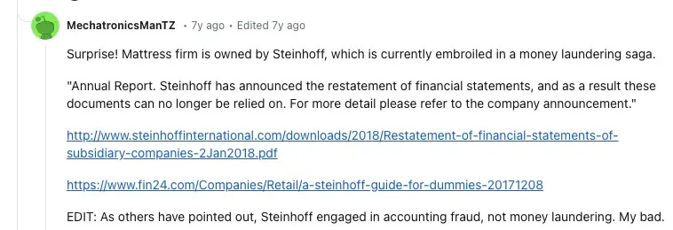 매트리스 회사 Steinhoff Reddit 댓글