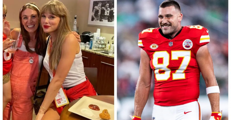 (L-R): Taylor Swift på en Kansas City Chiefs-match; Travis Kelce