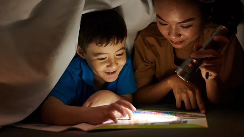 Una donna e un ragazzo che usano una torcia elettrica o"torch" to read a book in the dark