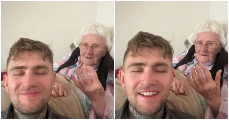   Mann auf TikTok macht mit seiner Oma die Challenge mit geschlossenen Augen.