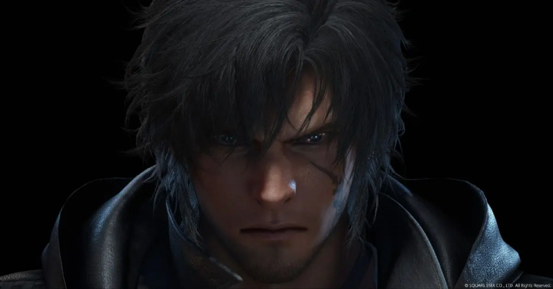 Clive kadras iš arti's face in Final Fantasy XVI with a black background.