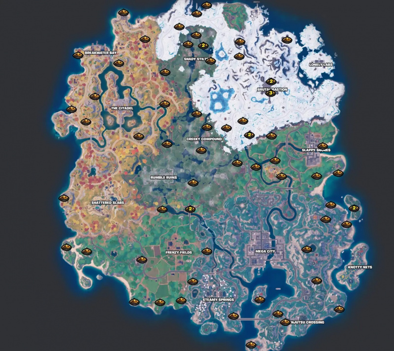 Tüm kamp ateşi konumlarını içeren Fortnite Bölüm 4 Sezon 3 haritası.