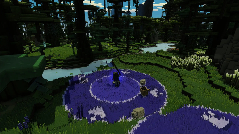 Hráč Minecraft Legends s modrým kruhem kolem sebe, když prozkoumává les.
