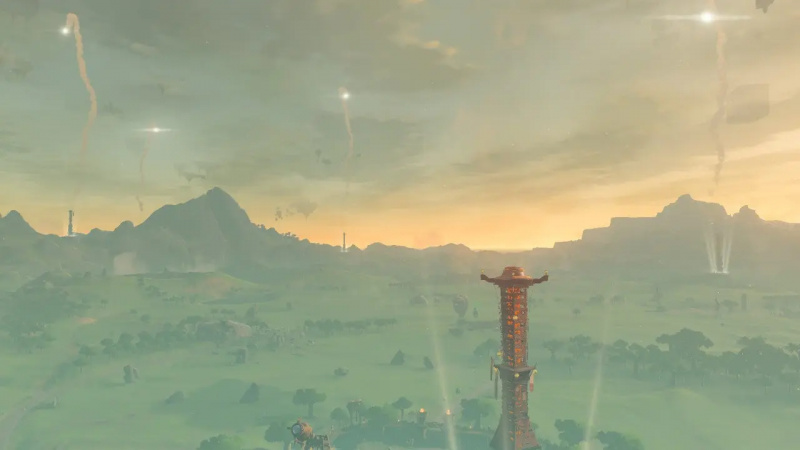 'Tears of the Kingdom' Landscape shot of many Skyview Towers in the game.