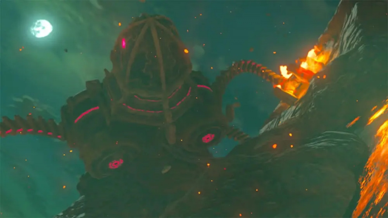 Una bestia divina in Breath of the Wild che cammina attraverso la lava.