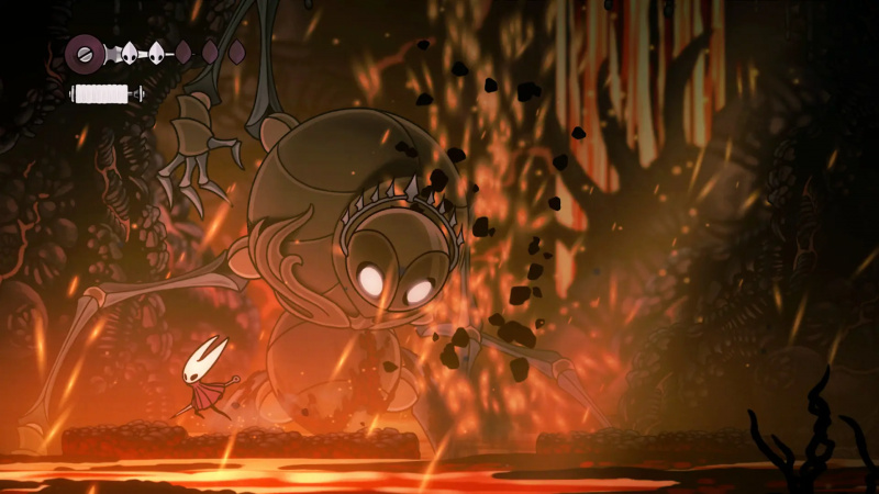 'Hollow Knight: Silksong' Hornet facing off against bright-eyed bug boss in a lava-like arena