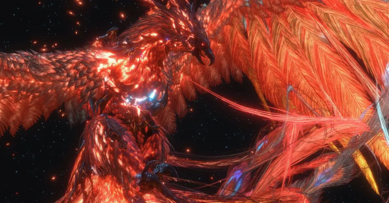 Ein großer, magischer Vogel mit feurigen Federn aus Final Fantasy XVI.