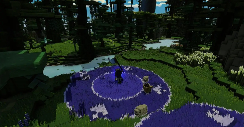 Hráč v Minecraft Legends obklopený modrým kruhem při prozkoumávání lesního biomu.