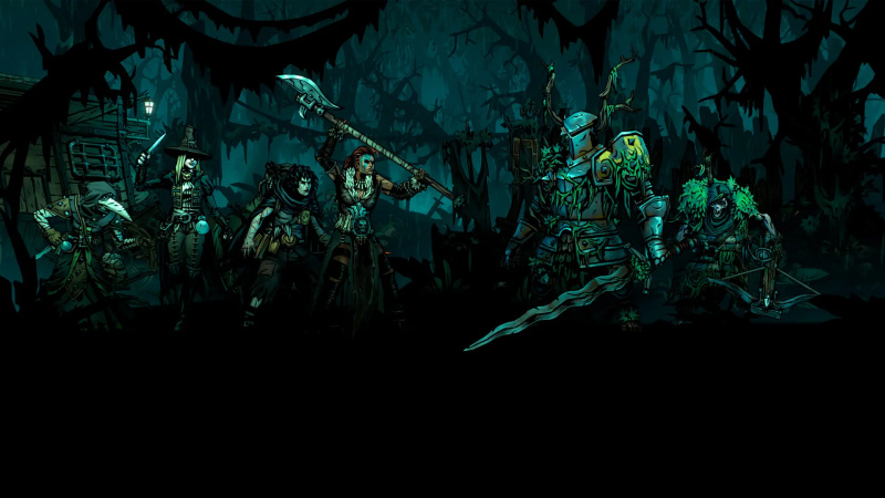 'Darkest Dungeon II' Party in a fight against zombified men in a forest