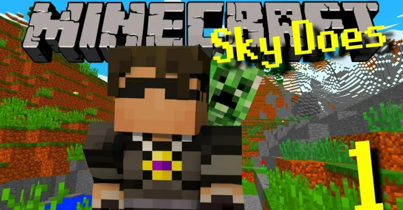 En miniatyrbild för SkyDoesMinecraft som visar en Mincraft-spelare med solglasögon framför en gräsbevuxen bakgrund.