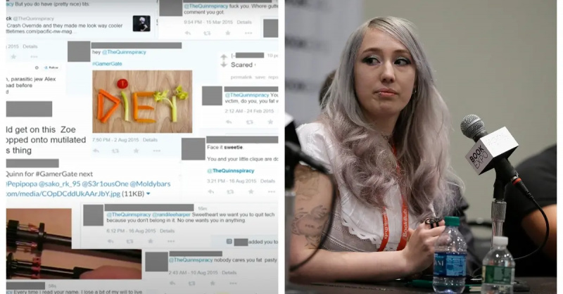 Zrzuty ekranu z tweetów GamerGate; Zoe Quinn Zoe Quinn na panelu Opór Pierwszej Poprawki podczas BookExpo 2017