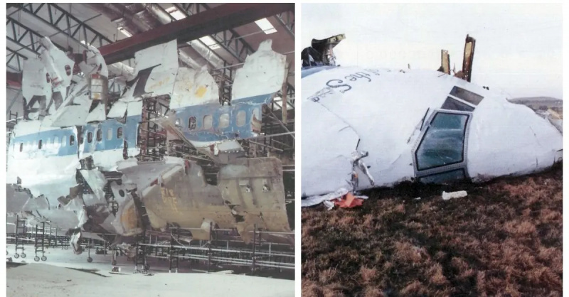   (L-R): Den rekonstruerade flygkroppen av Pan Am Flight 103 flygplan; näsan på Pan Am Flight 103-flygplanet efter kraschen