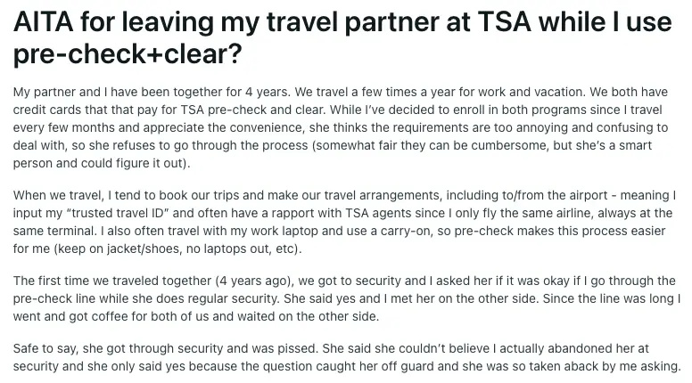 Повідомлення AITA на Reddit про попередню перевірку TSA.