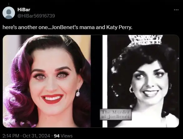 Katy Perry ir JonBenet ekrano kopija's mom photos from X
