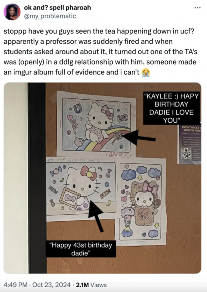 Wirusowy post z kolorowankami Hello Kitty rzekomo umieszczony na drzwiach biura profesora Meade'a na Uniwersytecie Kalifornijskim.