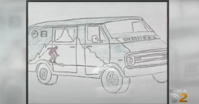   Tekening van het busje dat buiten de schoolbus werd gezien op de dag dat Cherrie Mahan verdween
