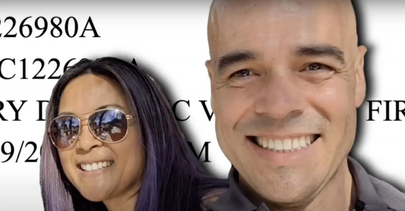 Foto di Robert Telles e sua moglie Mary Ann Ramirez Ismael ritoccate con Photoshop sopra i documenti del tribunale