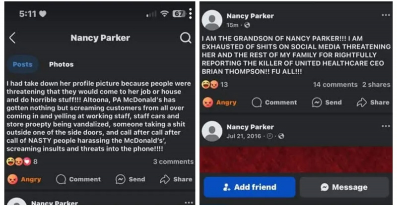 Captures d'écran présumées de Nancy Parket's Facebook account