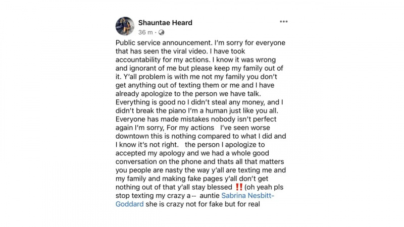 Shauntae skrev en ursäkt på Facebook