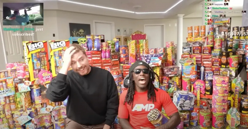 MrBeast y Kai Cenat rodeados de fuegos artificiales en réplica falsa de Kai's room for Fourth of July fireworks stream
