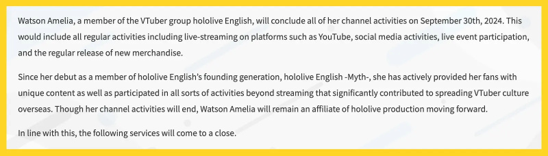 VTuber Hololive Amelia Watson akan 'Menyelesaikan Semua Aktivitas Saluran' Secara Permanen