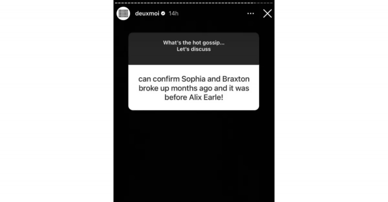 Instagram story wskazówka deuxmoi o sophii culpo, braxton barrios i alix earle