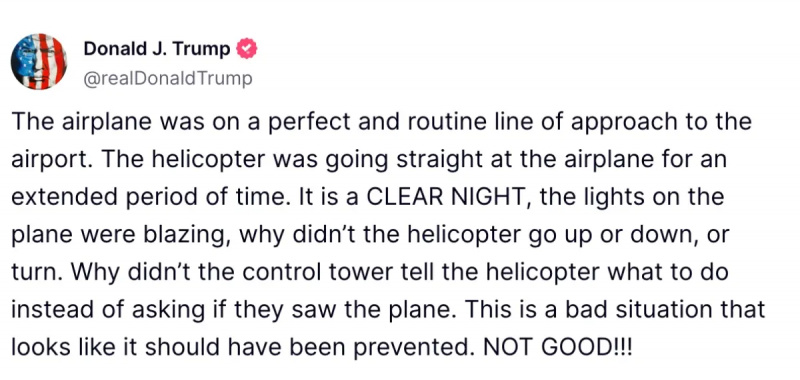 Prezidentas Donaldas Trumpas's post to Truth Social after the D.C. plane crash