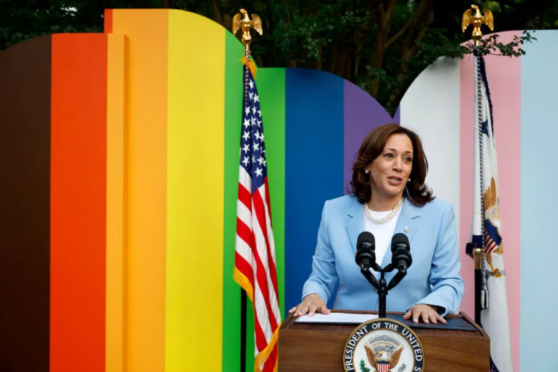 Kamala Harris stând în fața unui perete cu culorile drapelului mândriei și drapelului trans.