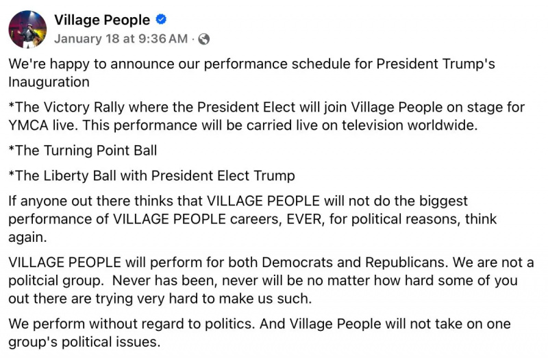 Village People reagerer på Facebook på den modreaktion, de fik for at optræde ved Trump-møder.
