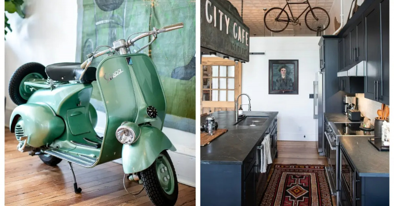  （从左到右）：麦克·沃尔夫（Mike Wolfe）的老式轻便摩托车's VRBO; kitchen of Mike Wolfe's VRBO