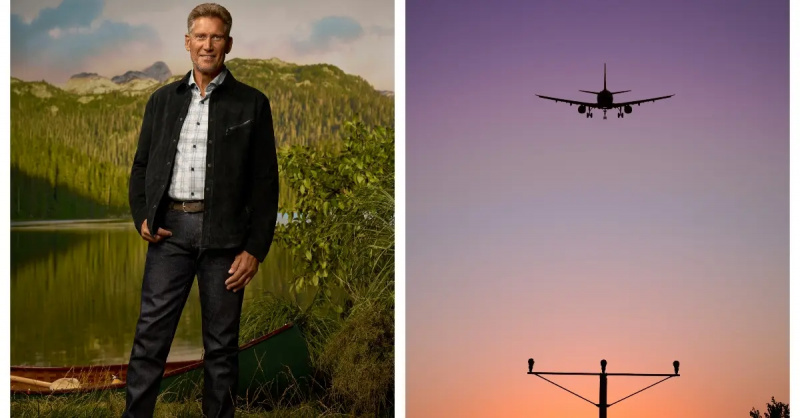 (L-R): Gerry Turner, un aereo in decollo