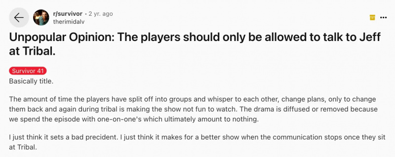 Redditor dice che i giocatori dovrebbero"only be allowed to talk to Jeff at Tribal"