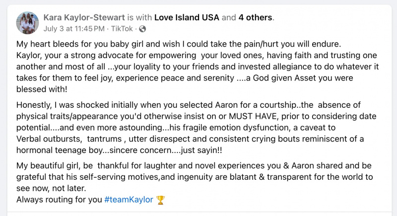 co udělal kaylor martin's mom say about aaron evans - love island usa