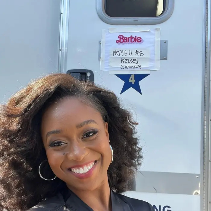 Sarjana's Kelset T. outside of her trailer for the Barbie movie