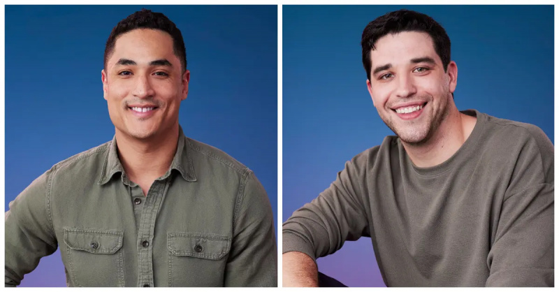 Marcus Shoberg und Devin Strader lächeln und posieren'Bachelorette' Season 21 portraits.