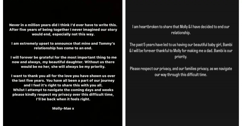 (L-R): Molly-Mae Hague-udtalelse på Instagram; Tommy Fury-udtalelse på Instagram