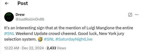 Tweet sobre Luigi Mangione no SNL