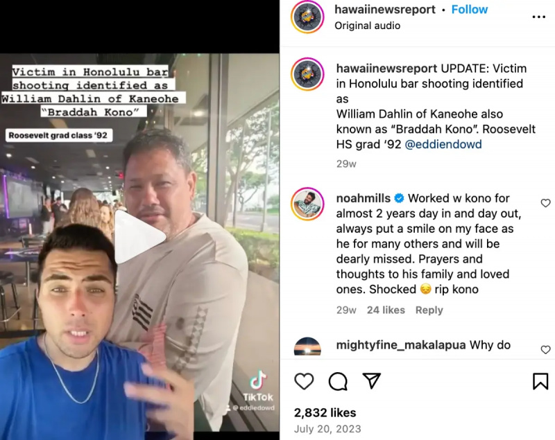 海军罪案调查处夏威夷'i actor Noah Mills left an Instagram comment in this post about William "Kono" Dahlin