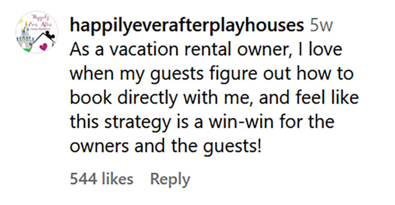 ความคิดเห็นบน TikTok ที่อ่าน"As a vacation rental owner, I love when my guests figure out how to book directly with me, and fell like this strategy is a win-win for the owners and the guests!