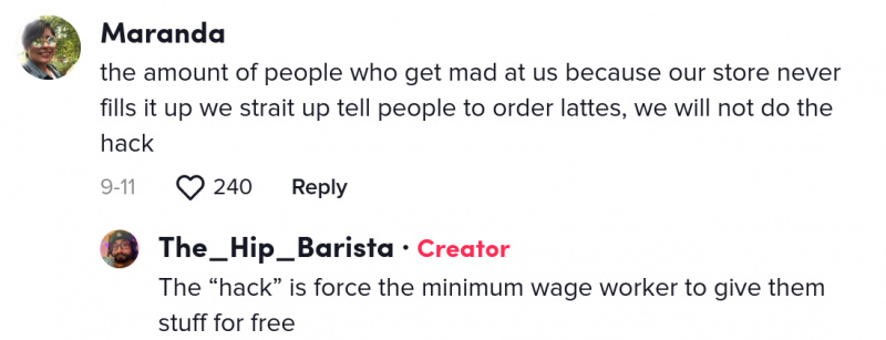 barista da starbucks diz para parar de pedir hacks