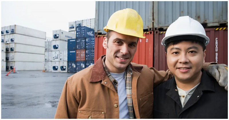 Dua rekan kerja berpelukan dengan topi keras.