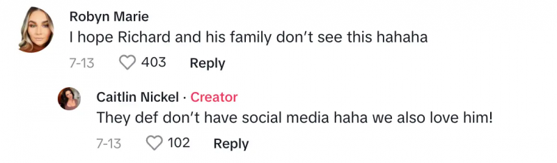 एक टिकटॉकर कैटलिन पर टिप्पणी कर रहा है's TikTok about husband and wife excuse to avoid chatting with talkative older neighbor